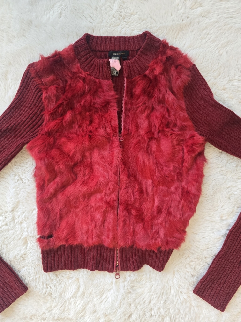 BCBG Red Rabbit Fur Zip Up